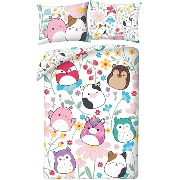 Halantex Squishmallows Bettbezug 140 x 200 cm mit Kissenbezug 70 x 90 cm, doppelter Druck mit Charakteren, weiß mit bunten Mustern, aus 100% Polyester, für Einzelbett, maschinenwaschbar