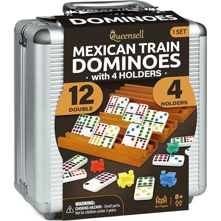 Queensell Mexikanisches Zug-Domino-Set D12, mit 4 Haltern aus Holz, 91 farbenfrohen Spielsteinen und Aluminium-Tragekoffer, für 2-9 Spieler ab 8 Jahren