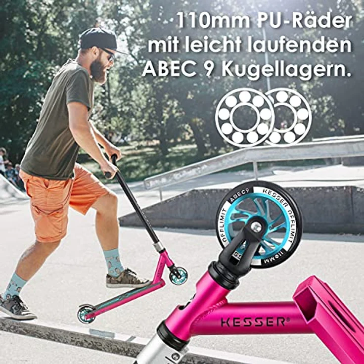 KESSER® Stunt Scooter X-Limit-Pro 360° Lenkung Funscooter Stuntscooter mit Ständer ABEC 9 Kugellagern, 110 mm PU Räder , Kickscooter Tretroller Cityroller Trick Roller für Kinder Erwachsene Pink / Turqouise – Bild 5