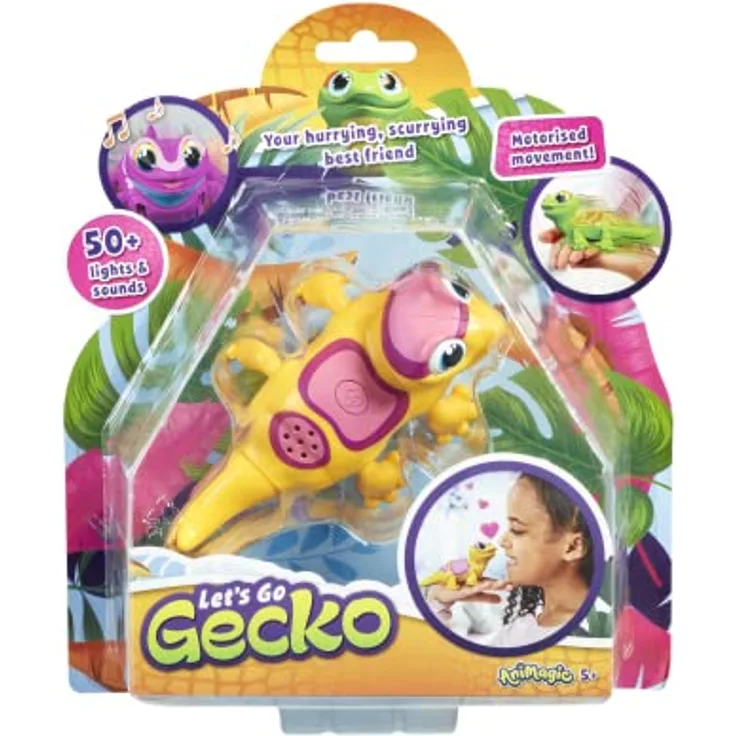 Animagic Let's Go Gecko (Gelb), Interaktives Kuscheltier mit über 50 Sound-Effekten und motorisierten Bewegungen, Spielzeug ab 5 Jahren