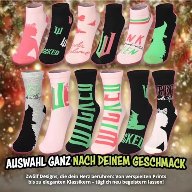 United Labels Wicked Adventskalender, 12 Paar Damen-Socken Größe 35-41, Sneaker und lange Socken mit ikonischen Designs, offizielles Merchandise aus dem Kinohit – Bild 4