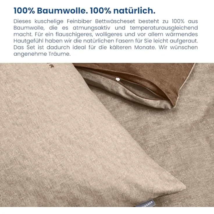 Schiesser Feinbiber Wendebettwäsche Doubleface, 100% Baumwolle, Farbe:Sand und Braun, Größe:135 cm x 200 cm – Bild 3