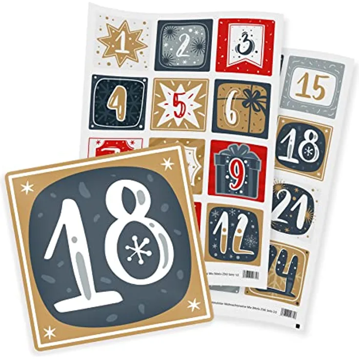 itenga 24er Adventskalenderzahlen Sticker, groß 6 cm, eckig, grau rot gold mit Weihnachtsmotiven
