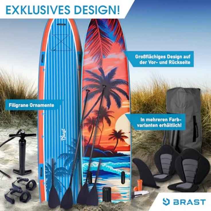 BRAST® SUP Board Family XXL, aufblasbares Stand Up Paddle Set 370x87x15cm bis 210kg, inkl. 2 Kajaksitze, 2 Paddel, Pumpe, Rucksack, Design Sunset – Bild 2