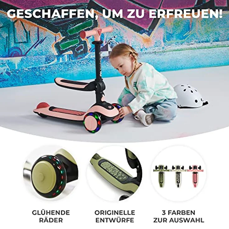 Kk Kinderkraft Halley Scooter 2 in 1, Kinderroller ab 1 Jahr bis zu 50 kg, Tretroller, Dreirad Roller mit Klappbar Sitz, LED Räder, Höheverstellbare Lenker, Zusammenklappen, Modernes Design, Grün – Bild 3