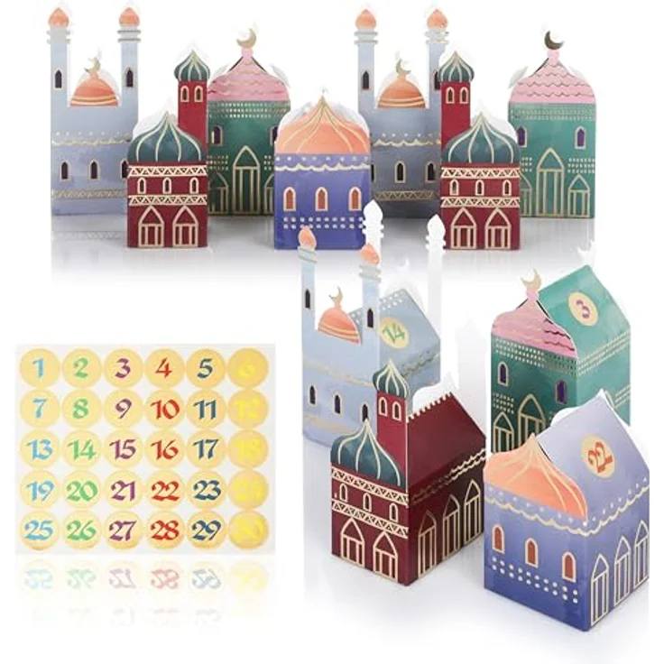 CraftWerk Ramadan Kalender Boxen - 30 Bunte Häuser mit Aufklebern zum Aufstellen und Dekorieren - Wiederverwendbare Eid Mubarak Geschenkboxen Tüten zum Befüllen – Bild 1