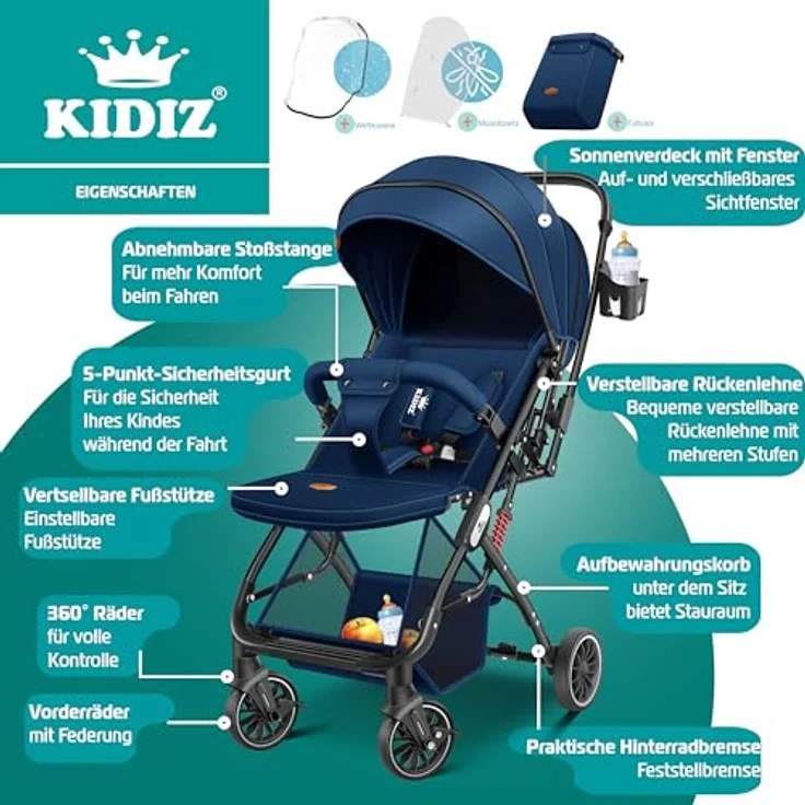 Kidiz Kinderbuggy 360° Räder Liegebuggy mit Fußsack, Getränkehalter, Regenabdeckung & Moskitonetz - verstellbare Rückenlehne & Sonnenverdeck – Bild 2