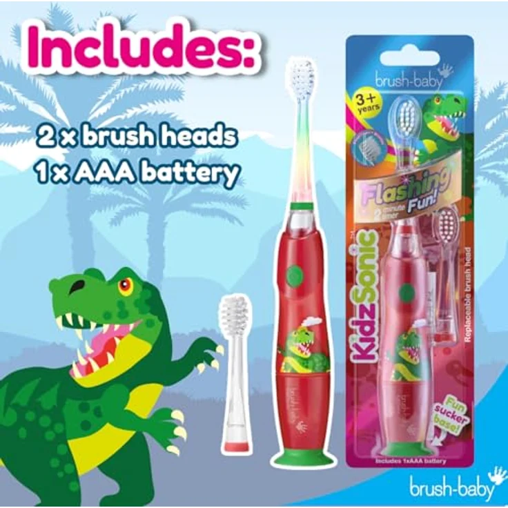 Brush-Baby KidzSonic Elektrische Zahnbürste für Kinder ab 3 Jahren, Dinosaurier-Design mit blinkenden Disco-Lichtern und sanften Schallvibrationen, IPX7 wasserdicht – Bild 3