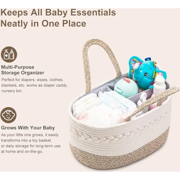 YeaYee Baby Windel Caddy Organizer, Multifunktionale Aufbewahrungsbox aus 100% Baumwoll-Leinen, tragbarer Organizer mit wechselbaren Fächern, 36,1 x 22,1 x 18 cm, für Windeln und Babybedarf – Bild 3
