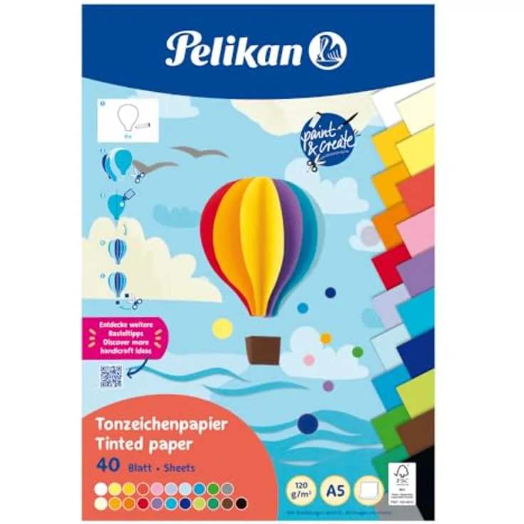 Pelikan Tonpapier Block A5, 40 Blatt in 21 Farben - Idealer Bastelartikel in 11 leuchtenden Basisfarben und 10 sanften Sommerfarben