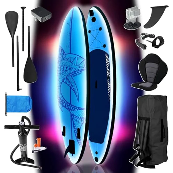 BRAST® SUP Board mit LEDs, aufblasbares Stand up Paddling Set, 320x81x15cm, 140kg Tragkraft, 10 Farben LED-Beleuchtung, 5 Jahre Garantie, inkl. 2in1 Paddel und Kajaksitz – Bild 1