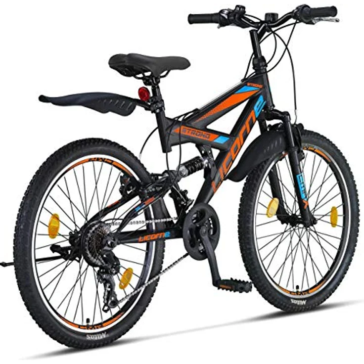 Licorne Bike Strong V Premium Mountainbike in 24 Zoll - Fahrrad für Jungen, Mädchen, Damen und Herren - 21 Gang-Schaltung - Vollfederung - Schwarz/Blau/Orange – Bild 4