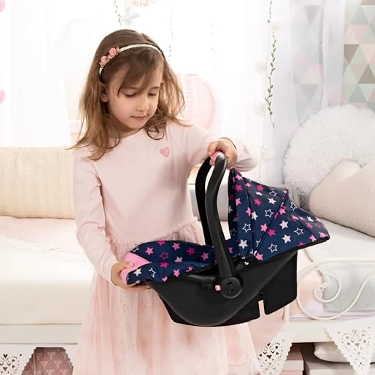 Bayer Design EasyGo Puppen-Autositz mit Sicherheitsgurt und Sonnenschutz-Dach für Puppen bis 46 cm, schaukelbar und als Puppenbett verwendbar – Bild 2