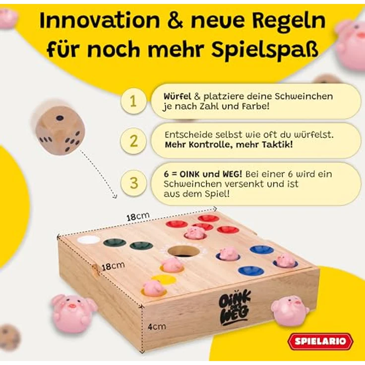 Spielario OINK und Weg, Schweinchen Spiel aus nachhaltigem Kautschukholz, handgemaltes Design, für 2-4 Spieler ab 5 Jahren, ideales Familienspiel mit taktischem Würfeln und hochwertiger Premium-Verpackung – Bild 4