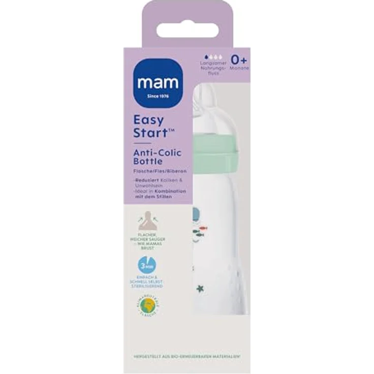 MAM Easy Start Anti-Colic Babyflasche (260 ml), Milchflasche mit Bodenventil gegen Koliken & Sauger Größe 1, 0+ Monate, Wal – Bild 2