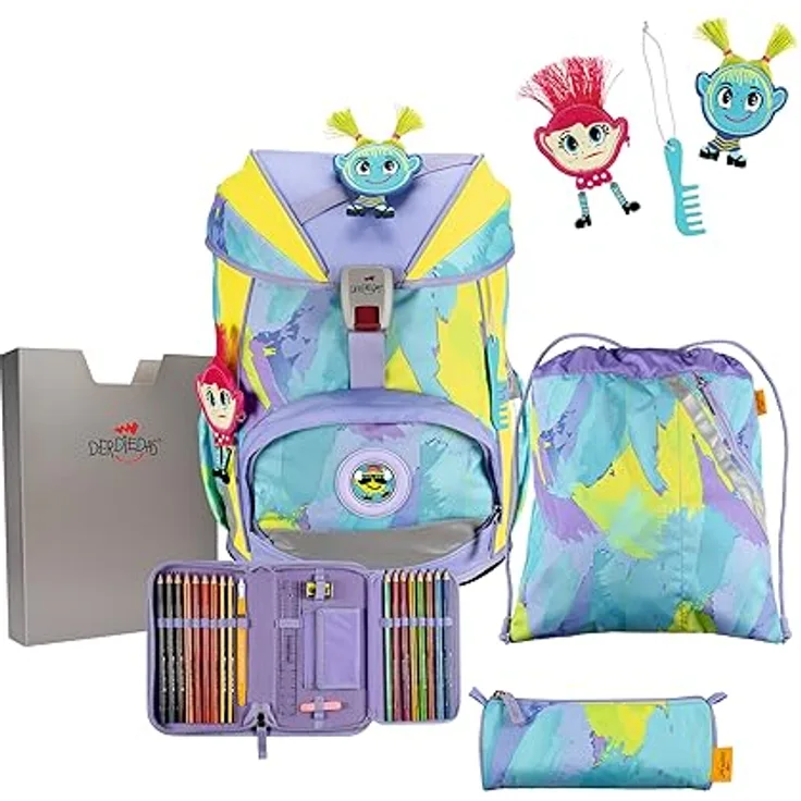 DerDieDas ErgoFlex Hippie Hair, Schulrucksack mit ergonomischem Design, leicht und sicher, inklusive Wechselbuttons und Komplettset