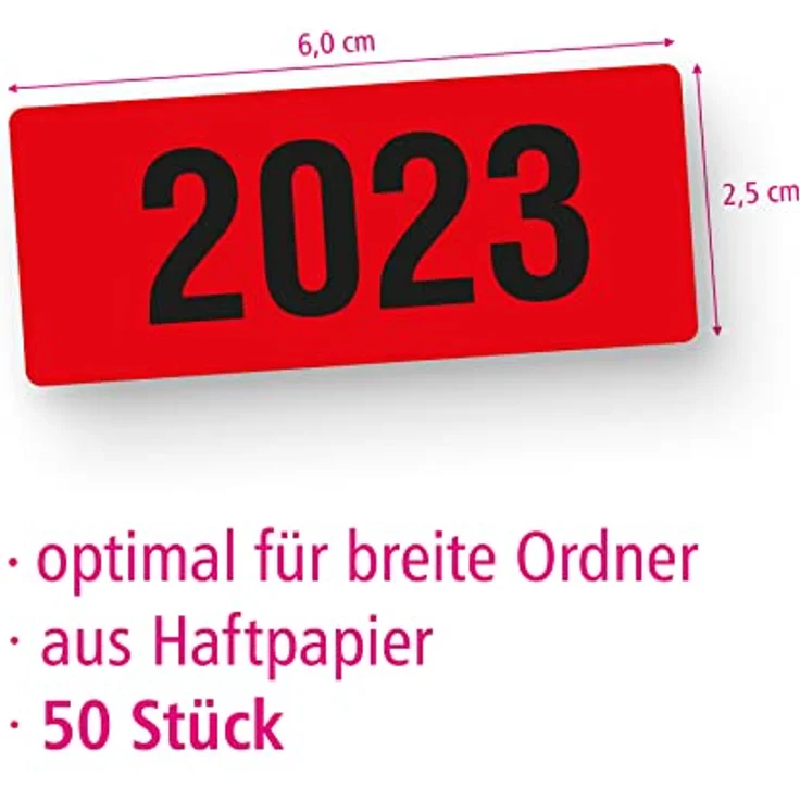 itenga 50x Jahresetiketten Ordner Inhaltsschild Jahreszahl I Aufkleber für Akten selbstklebend aus Haftpapier Rechteckig 6x2,5cm (Kalenderjahr 2023 rot) – Bild 3