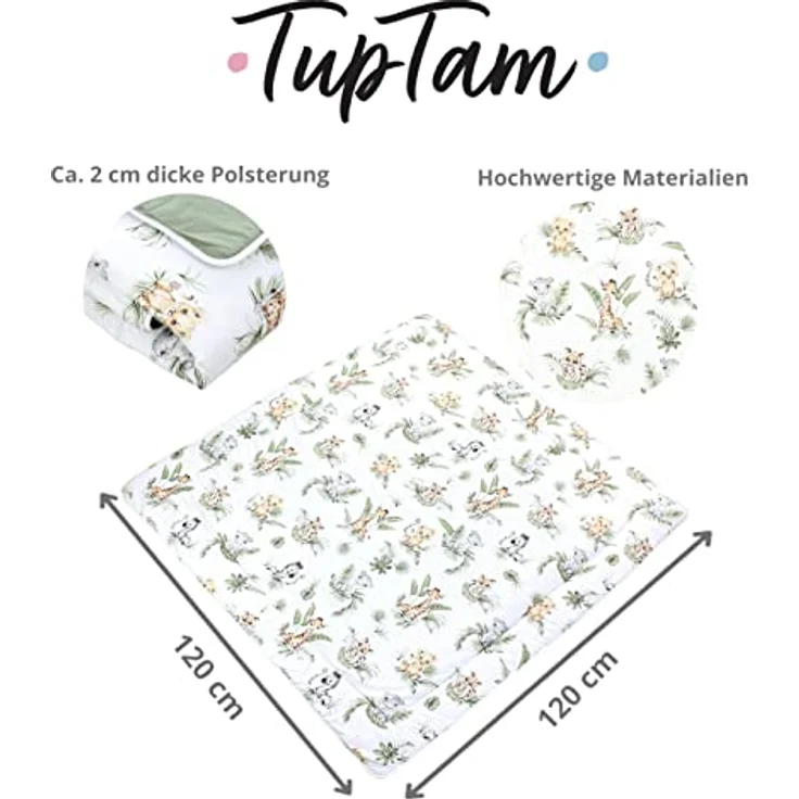 TupTam Krabbeldecke 120x120 cm - Gepolsterte Spieldecke aus Baumwolle, XXL, OEKO-TEX, weich & hautfreundlich, Farbe: Safari/Löwe/Braun/Blätter/Grün – Bild 4
