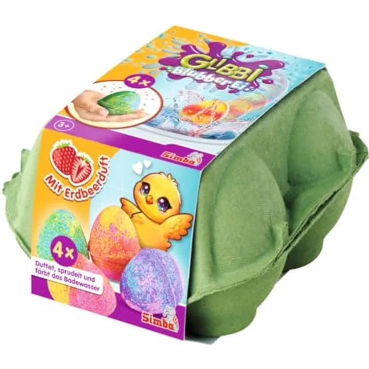 Simba Glibbi Blubber Ei, Vier sprudelnde Badebomben in Eiform, mit Erdbeerduft, Lila/Rosa/Blau/Rot, ab 3 Jahren