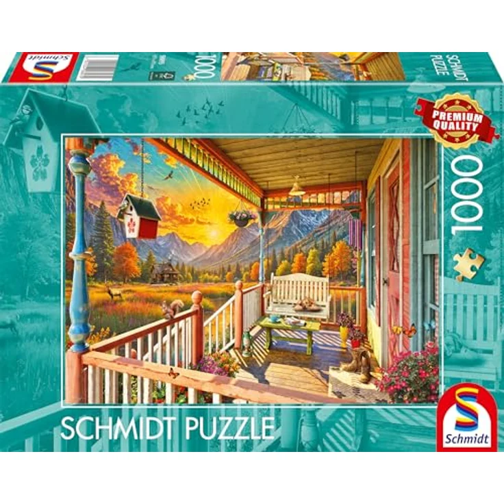 Schmidt Spiele 58893 Bergland-Veranda, 1000 Teile Puzzle mit spezieller Mattlack-Oberfläche und Leinenstruktur für perfektes Puzzelerlebnis – Bild 4