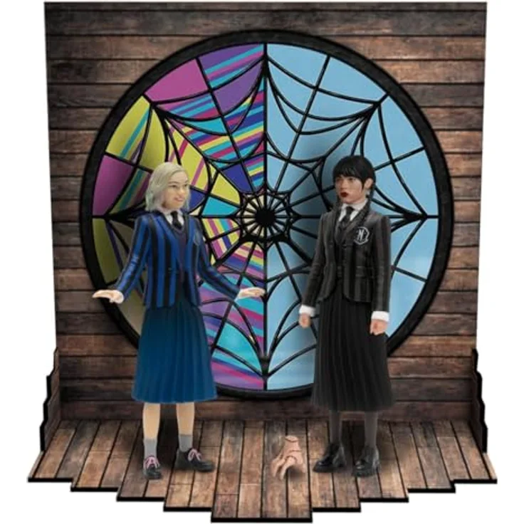 Mezco Toys 5 Points Wednesday & Enid Boxed Set, Sammelfiguren aus der Serie Wednesday mit Zubehör und Wohnheim-Spielset, 10 cm
