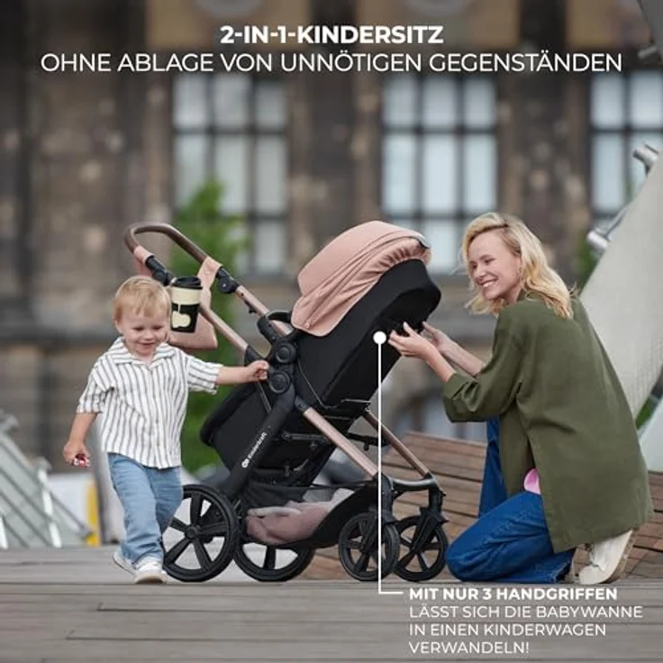 Kinderkraft MOOV 2, 3-in-1 Kinderwagenset bis 22 kg mit I-SIZE Kindersitz 40-75 cm, verstellbare Liegeposition, Buggy-Funktion, großes ausziehbares Verdeck, pannensichere Eva-Schaum-Räder, Beige – Bild 3