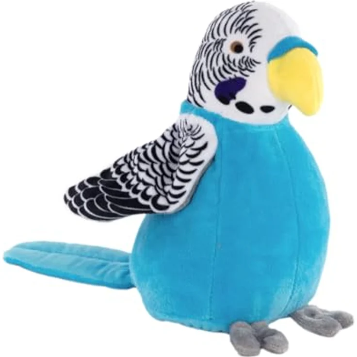 Idena 40359 Plappertier Wellensittich, blauer Plüschvogel, spricht nach und bewegt Flügel, 18 cm, batteriebetrieben – Bild 1