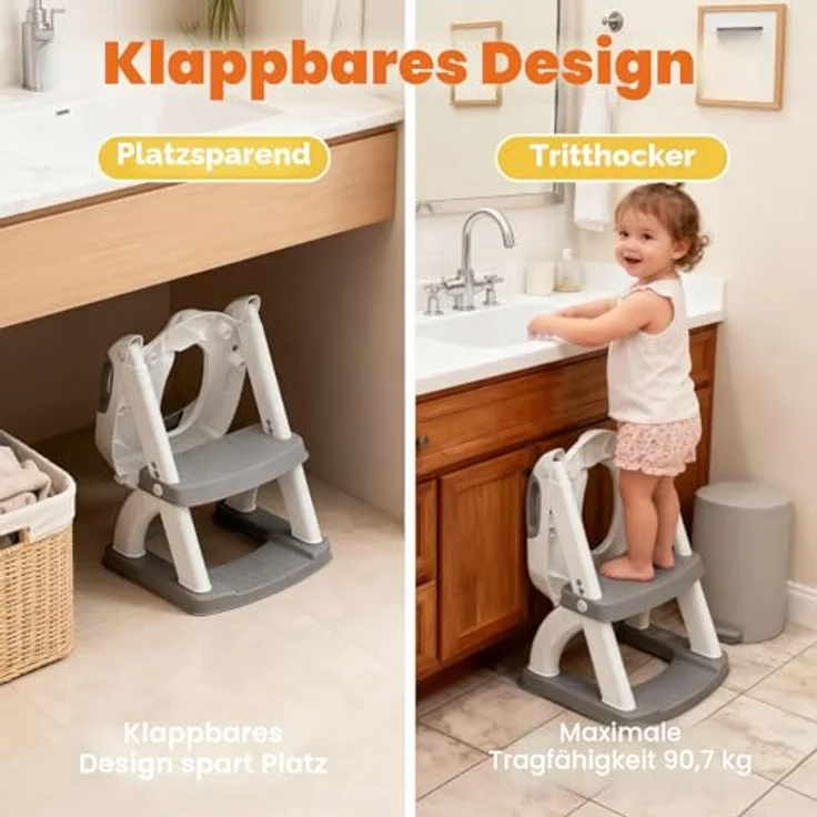 SKYROKU Toilettensitz 2 in 1, Toilettenaufsatz mit Treppe für Kinder 2-7 Jahre, rutschfest, belastbar bis 90 kg, PP (BPA-frei), grau – Bild 3