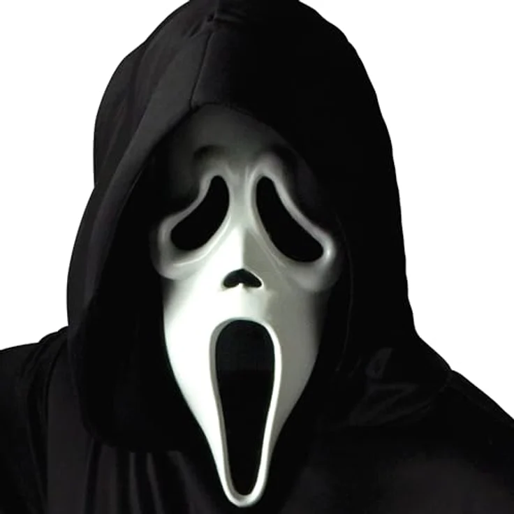 Fun World Ghostface Scream Maske, originale Halloween Verkleidungsmaske mit angenähter schwarzer Stoffkapuze – Bild 1