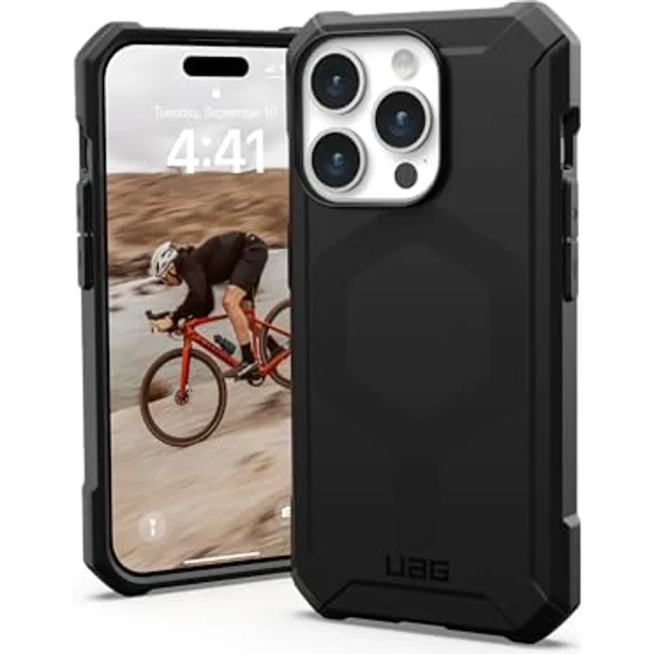 URBAN ARMOR GEAR Essential MS Case kompatibel mit Apple iPhone 15 Pro Hülle [50% recyceltes Material, Wireless Charging/Magnetisches Laden optimiert, 4,6m Fallschutz] schwarz