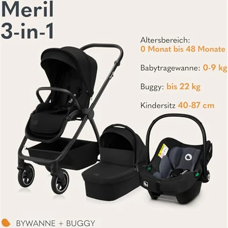 Lionelo Meril 3-in-1 Kombikinderwagen, XL-Babywanne bis 9 kg, ADAC-zertifizierter Kindersitz bis 13 kg, geländegängige Gummiräder, vollgefederte Konstruktion - Black – Bild 2