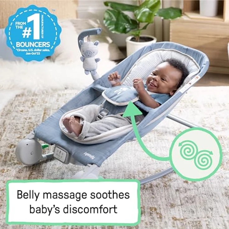 Ingenuity Happy Belly Babywippe & Babyschaukel mit Bauchmassage, Vibration, Musik & Faultier - Blau (Chambray), für 0–6 Monate – Bild 4