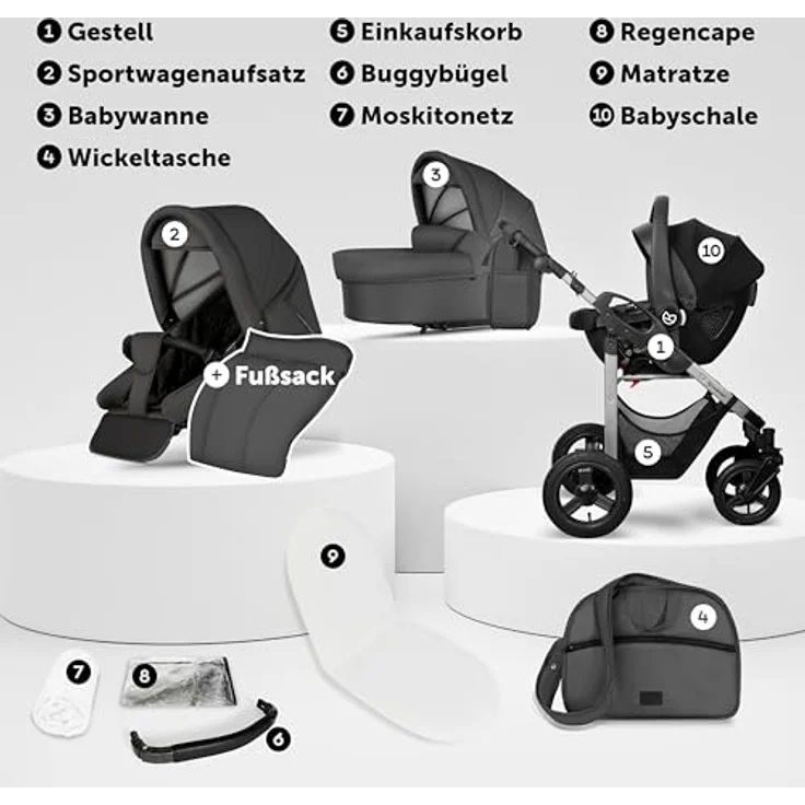 Bergsteiger Capri Kombikinderwagen 3-in-1, Babywanne, Sportsitz & i-Size Babyschale, Luftreifen, Federung, höhenverstellbarer Griff, faltbar, mit Zubehör – Bild 3