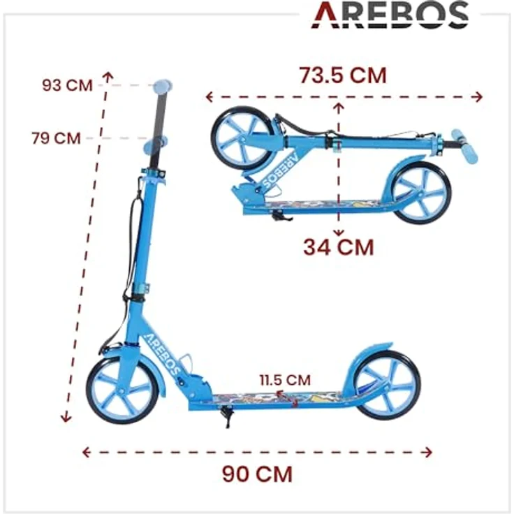 Arebos Tretroller klappbar, höhenverstellbar 78–93 cm, für Kinder ab 6 Jahren, bis 100 kg, blau, mit 200 mm Rädern und Seitenständer – Bild 9
