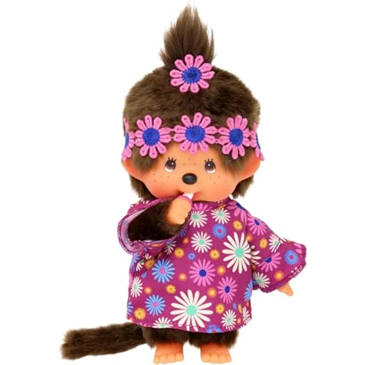 Monchhichi Plüschfigur Hippie Mädchen im Kleid 20 cm Puppe mit einem Zöpfchen, braunes Fell – Bild 3