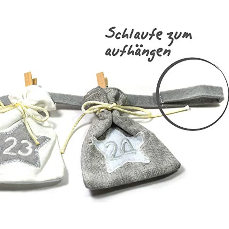 Frau WUNDERVoll® Adventskalender zum Befüllen - Stoff, grau weiß/Weihnachtskalender Zahlen Beutel Sack Säcke Säckchen Stoffbeutel Baumwolle Baumwollsäckchen Geschenkbeutel Stoffsack Stoffsäckchen - Wiederverwendbarer Stoff-Adventskalender mit aufgestickten Sternen und Zahlen, ideal für Kleinigkeiten – Bild 3