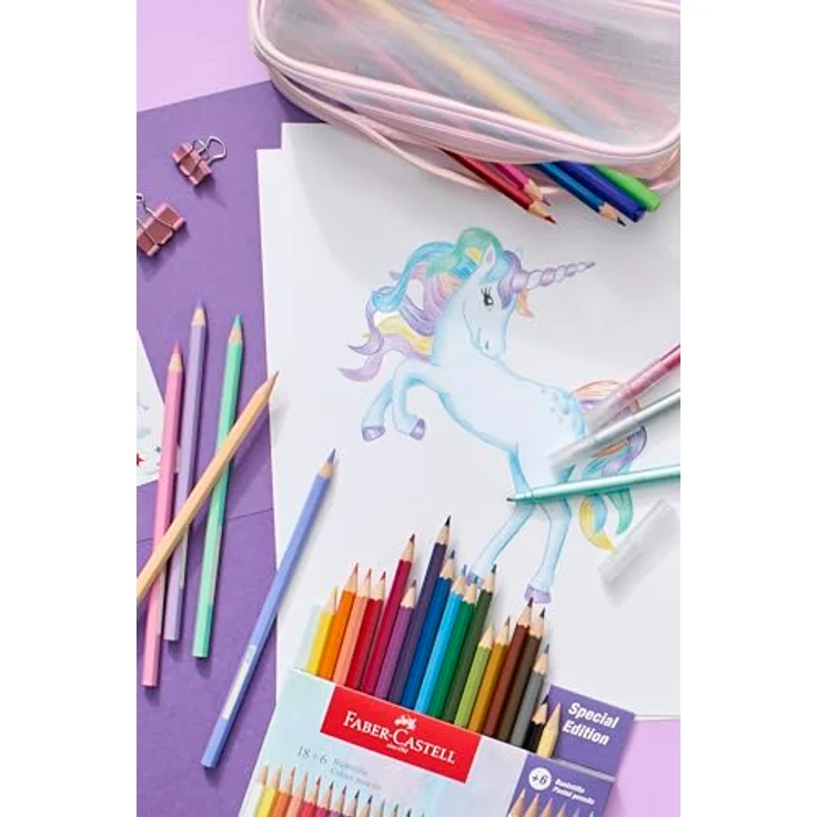 FABER-CASTELL 111221 Buntstifte Set Einhorn, 24 Malstifte in kräftigen Farben, inkl. Pastellfarben, sechseckige Form, bruchgeschützte Minen, praktisches Etui – Bild 4