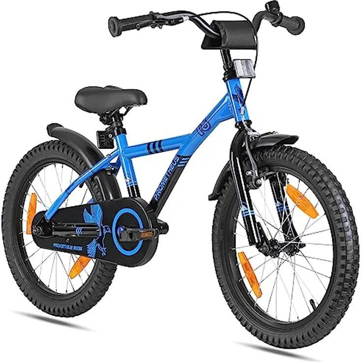 PROMETHEUS BICYCLES Kinderfahrrad 18 Zoll Jungen ab 6 Jahre - Rücktrittbremse und Fahrradständer in Blau Schwarz