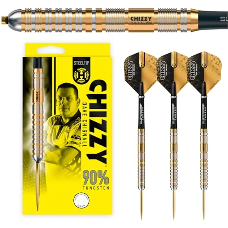 Harrows Dave Chizzy Chisnall 90% Tungsten Darts, Pro Player Steel Tip Darts-Set mit Supergrip-Carbonschäften und 100-Mikron-Chizzy-Flights, erhältlich in 21g, 22g, 23g, 24g, 25g & 26g (21g)