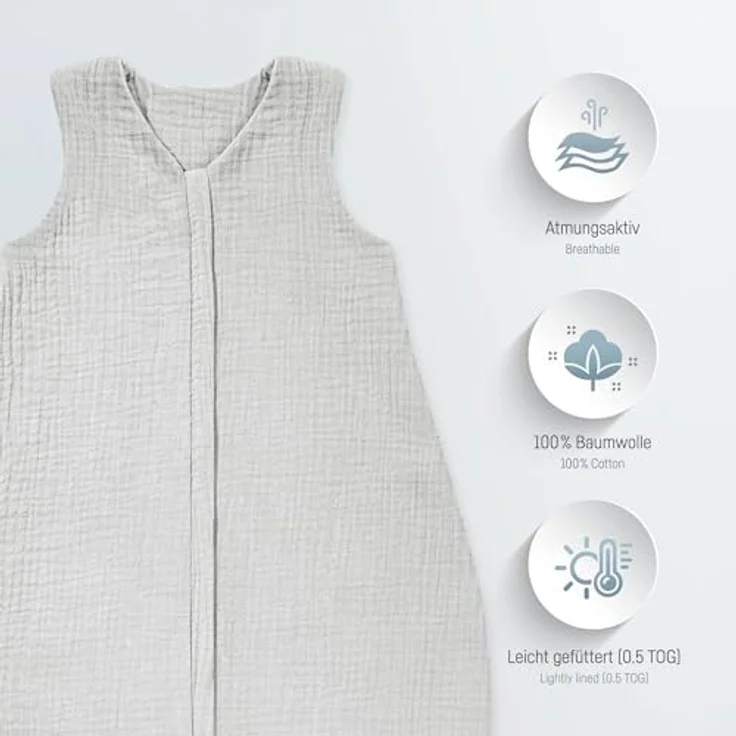 Julius Zöllner Musselin Sommerschlafsack grau, Größe 80 | aus weicher Musselin Baumwolle, sicher und schadstoffgepüft, ideal für warme Sommernächte – Bild 3