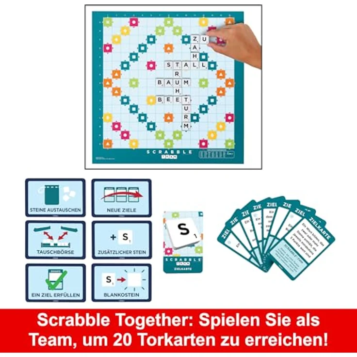Mattel Games Scrabble Zwei in Eins - Doppelseitiges Brettspiel für schnelles, zwangloses und kooperatives Spiel, inklusive 50 Zielkarten für Scrabble Together, einfache Punktevergabe - Preisvergleich – Bild 4