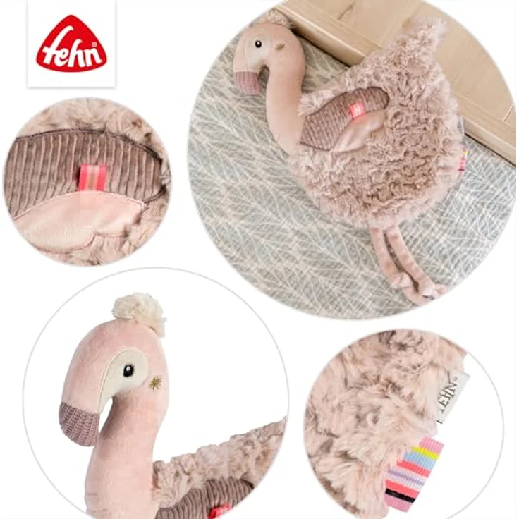 Fehn Schmusetuch Flamingo, kuschelweiches Schnuffeltuch mit Einschlafhilfe und vielseitigen Materialien, ca. 33 cm – Bild 4