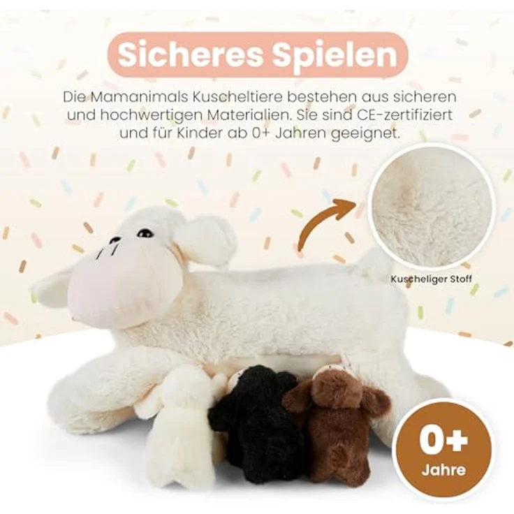 Mamanimals Schaf Kuscheltier, 30 cm mit 3 Baby Schafen im Bauch, Reißverschluss und magnetische Zitzen, hochwertiges Plüschtier für Kinder – Bild 4