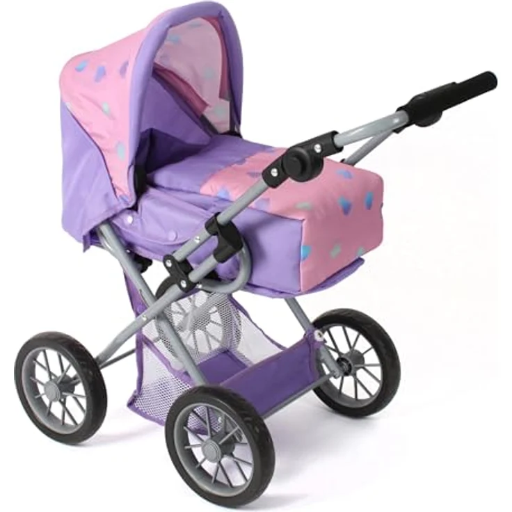Bayer Chic 2000® 3in1 Kombi Puppenwagen Leni, faltbar, höhenverstellbarer Griff 43-67 cm, lila Herzchen, inkl. Tragetasche für Puppen bis 46 cm, ab 3 J. – Bild 1