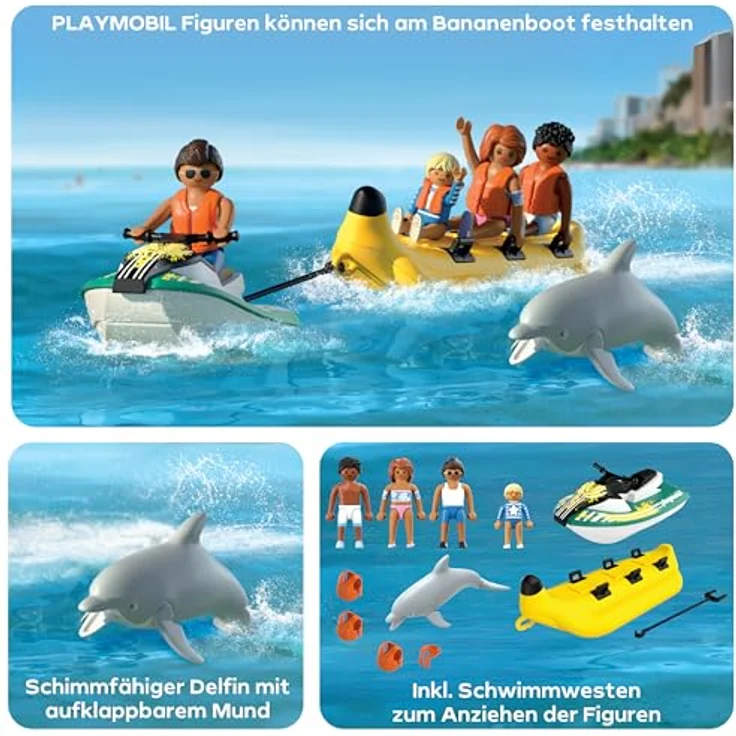 PLAYMOBIL Bananenboot-Tour, Vacation on The Beach, Wasserspielzeug mit 4 Figuren, Jet Ski und Delfin, ab 4 Jahren, kreatives Spielvergnügen – Bild 4