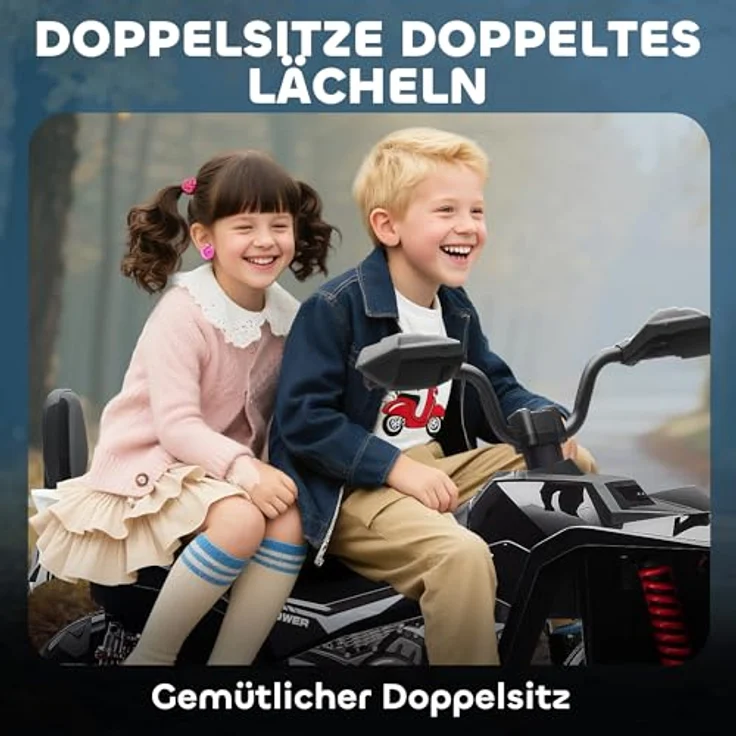 AIYAPLAY 24V Elektro Quad für Kinder, Zweisitzer mit Vorwärts- und Rückwärtsfunktion, 4 gefederte Räder, Scheinwerfer, USB- & MP3-Anschluss, 4-6,5 km/h, Schwarz – Bild 4
