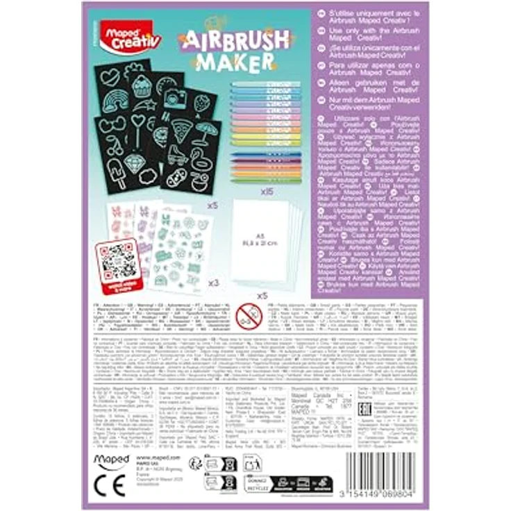 Maped Creativ Airbrush Maker Nachfüll-Set, Pastell Edition mit 15 Filzstiften, 5 Schablonen, 72 Stickern & Papier, Nachfüllset für Airbrush Maker 907080, Kreativset für Kinder ab 5 Jahren – Bild 2