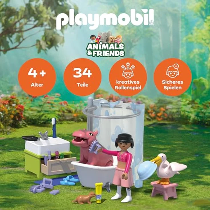 PLAYMOBIL Tierischer Badespaß Set 71950, Spielzeug für Kinder ab 4 Jahren mit Nilpferdbaby, Pelikan und Badezubehör zur Förderung von Kreativität und Rollenspiel – Bild 2