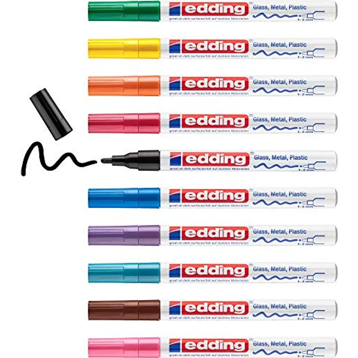 edding 751 Glanzlackmarker Set - mehrfarbig - 10 bunte Lackmarker - Rundspitze 1-2 mm - Lackstift für Glas, Stein, Holz, Kunststoff und Papier - wasserfest, stark deckend – Bild 1