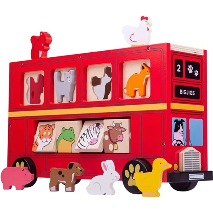 Bigjigs Wooden Shape Sorter Red Animal Bus, 21-teiliges Holz-Spielzeug mit einlegbaren Tieren und Fenster-Schieber – Bild 6